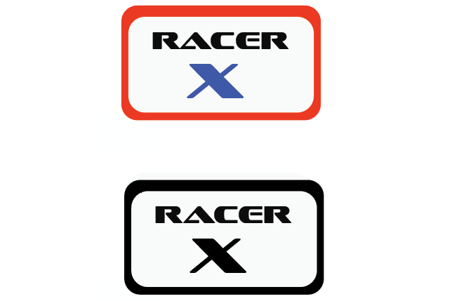 Two versions of the 'RACER X' logo; the top one features a red border with a blue 'X', while the bottom one has a black border with a black 'X'.