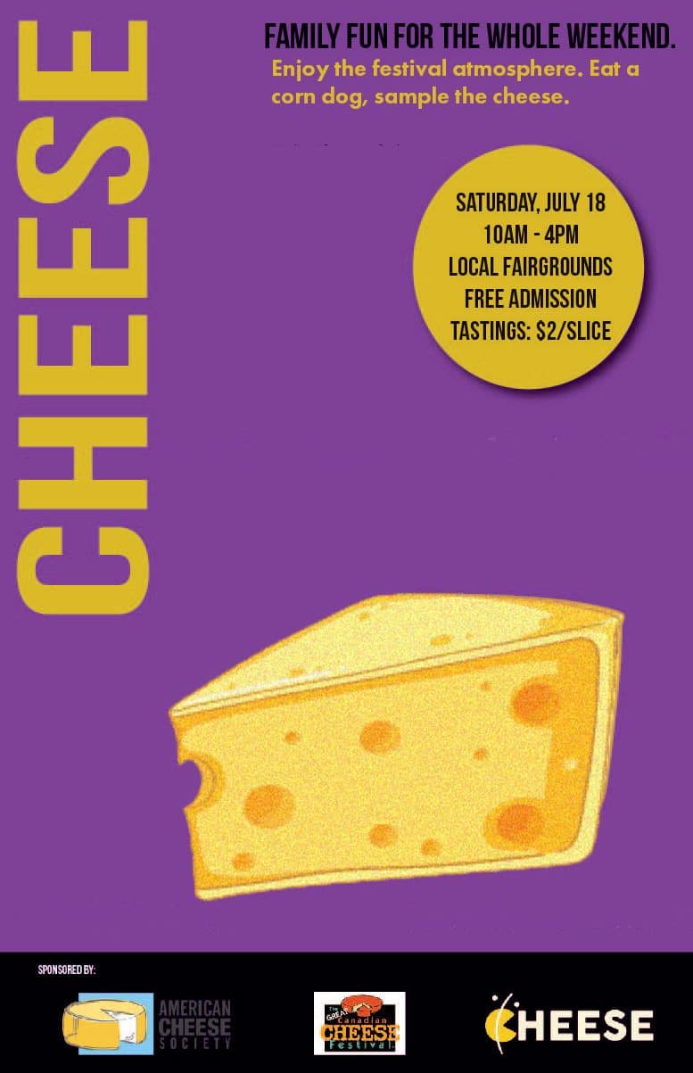 Promotional poster for a cheese festival highlighting family fun with cheese tastings at local fairgrounds on July 18, featuring a vibrant purple background and an illustration of cheese.